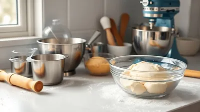 Anfänger backen mit Küchengeräten, Mehl, Teig, Backform