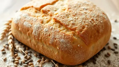 Saftiges Brot mit natürlichen Zutaten, Weizenähren und Mehl.