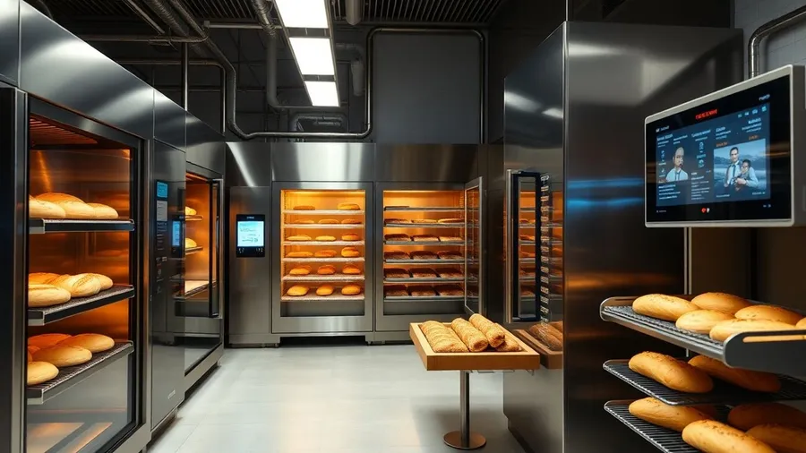 Digitale Bäckerei mit moderner Technologie und frischen Backwaren.