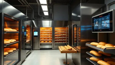 Digitale Bäckerei mit moderner Technologie und frischen Backwaren.