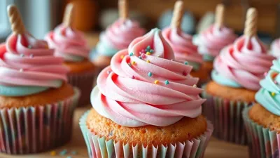 Einhorn-Cupcakes mit bunten Streuseln und Sahne