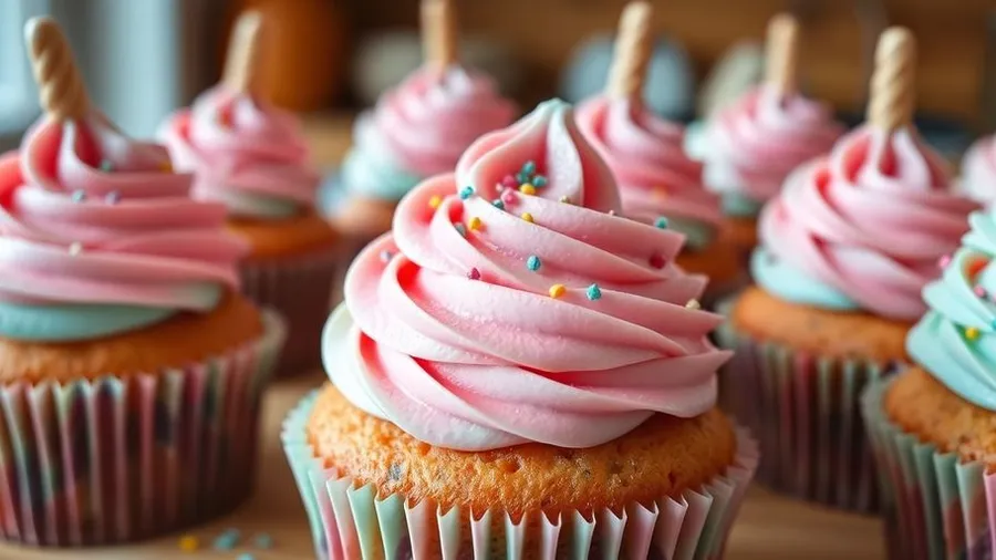Einhorn-Cupcakes mit bunten Streuseln und Sahne