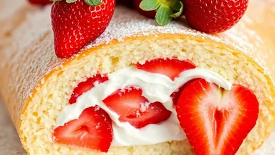 Erdbeer-Biskuitrolle, geschnitten, mit Sahne und frischen Erdbeeren