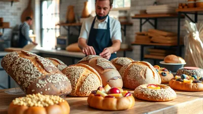 Bäcker arrangiert Brot und Gebäck auf Holztresen.