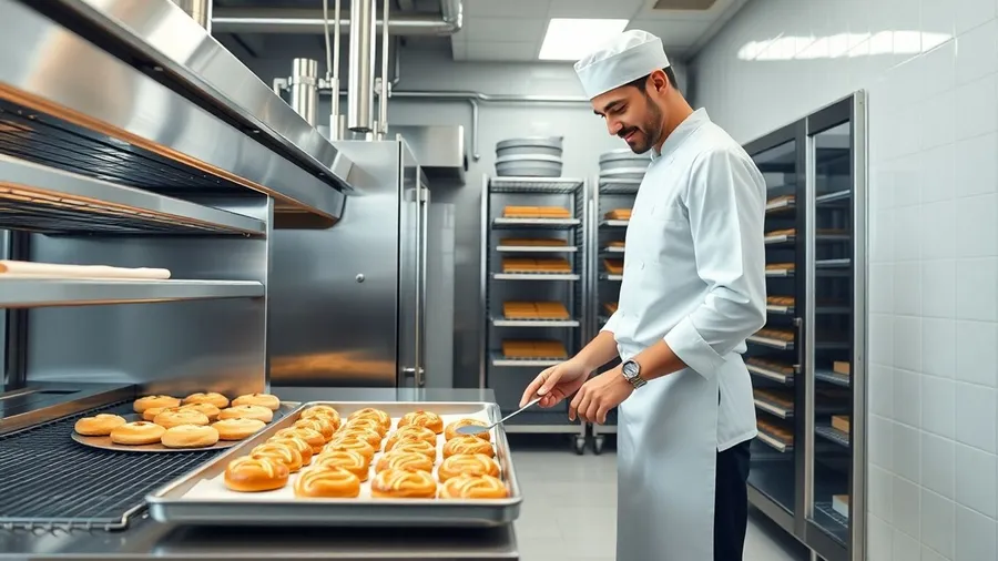 Bäcker in moderner Bäckerei mit Hightech-Ausrüstung.