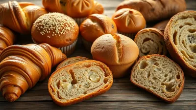 Frühstücks- und Snackbackwaren auf Holztisch, Nahaufnahme.