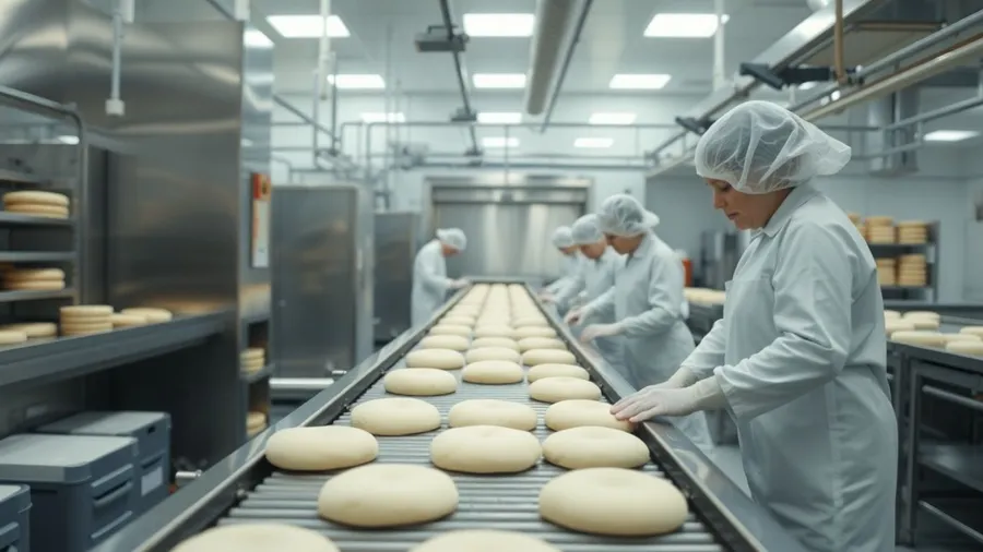 Saubere industrielle Großbäckerei mit Arbeitern in Uniformen.