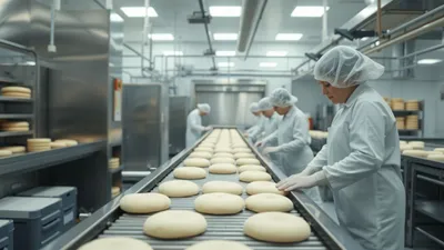Saubere industrielle Großbäckerei mit Arbeitern in Uniformen.