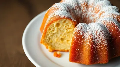 Nahaufnahme von saftigem Rührkuchen mit Puderzucker