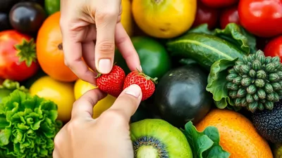 Frische Früchte und Gemüse, Hand wählt Erdbeere aus
