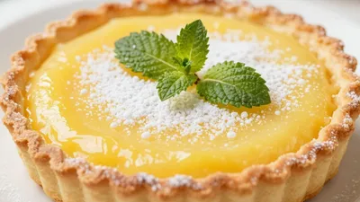 Französische Tarte au Citron mit Puderzucker und Minze