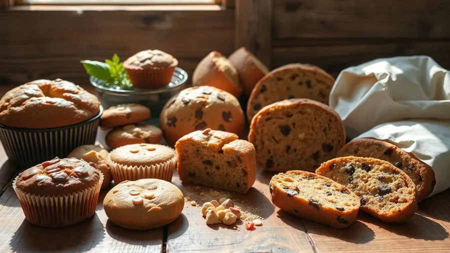 Vegane und vegetarische Backwaren auf Holztisch