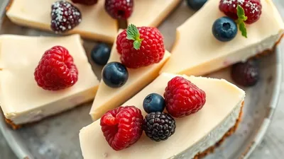 Vegane Käsekuchenstücke mit Beeren auf Teller