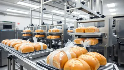 Verpackungsmaschinen in einer Großbäckerei mit Brot und Gebäck.