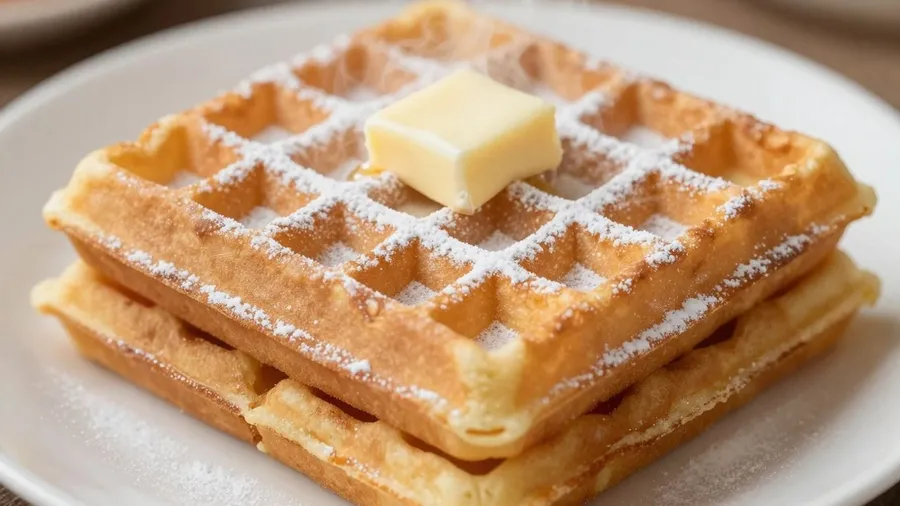 Fluffige Waffeln mit Puderzucker und Butter